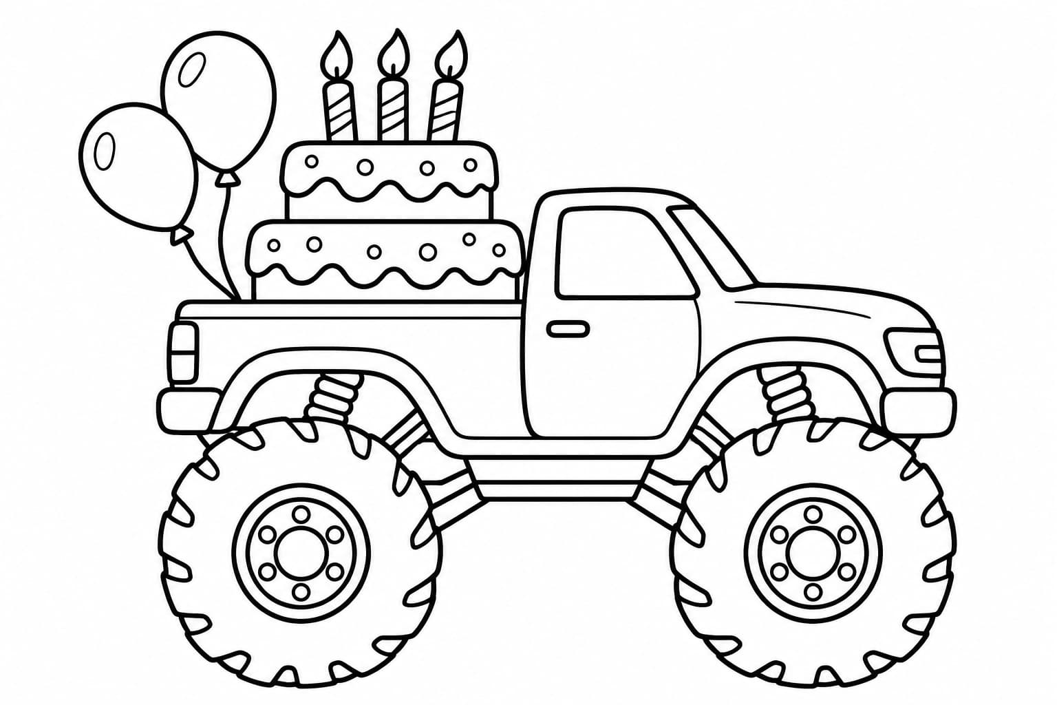 Monstertruck auf Geburtstagsfahrt – Ausmalbild in Schwarz-Weiß