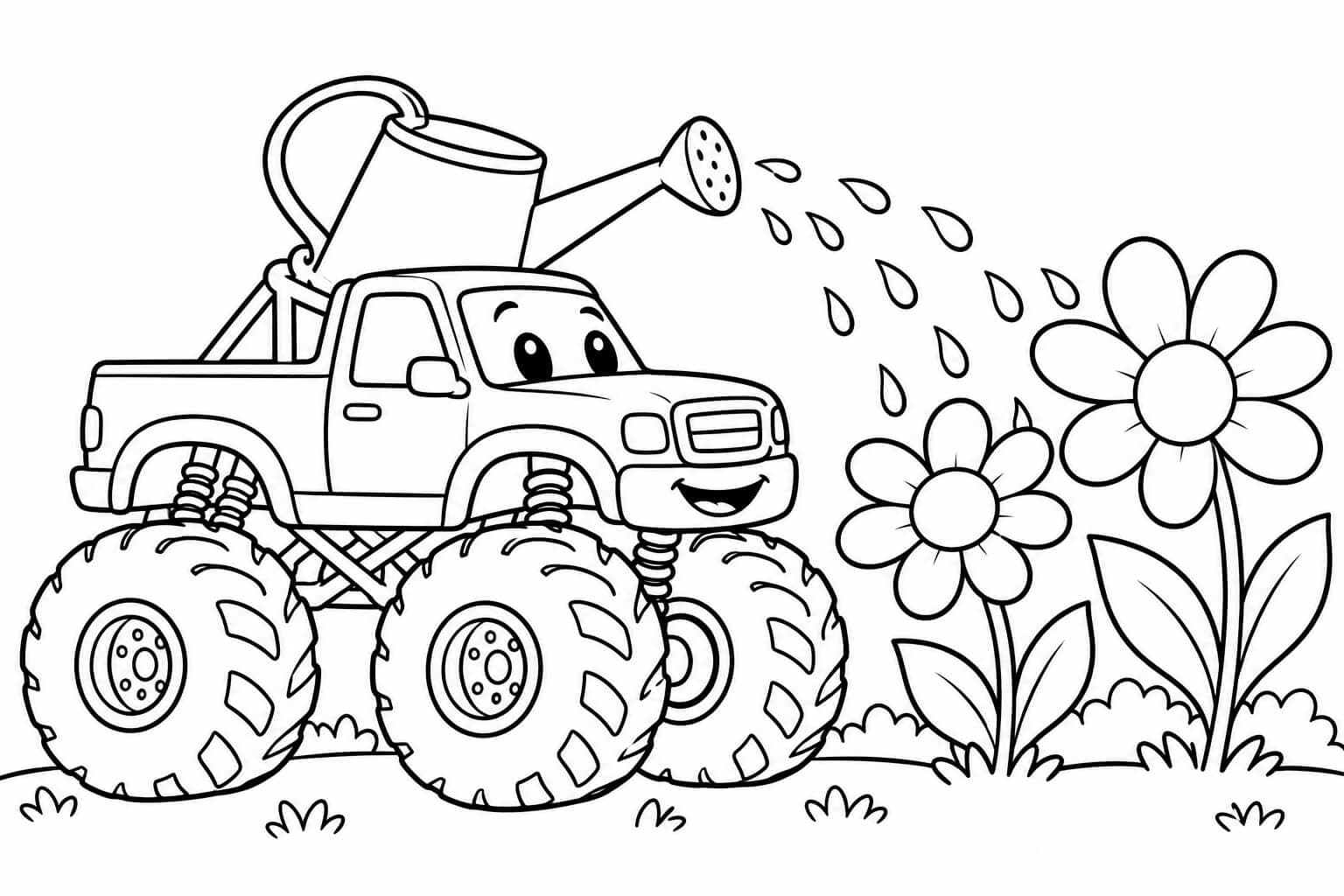 Monstertruck im Blumengarten – Ausmalbild in Schwarz-Weiß