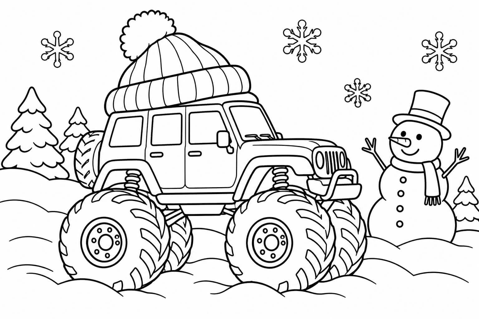 Monstertruck im Schnee – Ausmalbild in Schwarz-Weiß