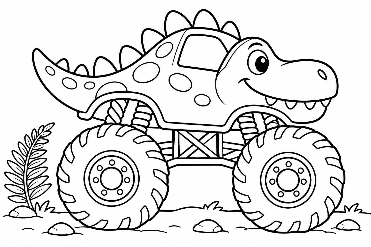 Monstertruck im Dinosaurierlook – Ausmalbild in Schwarz-Weiß