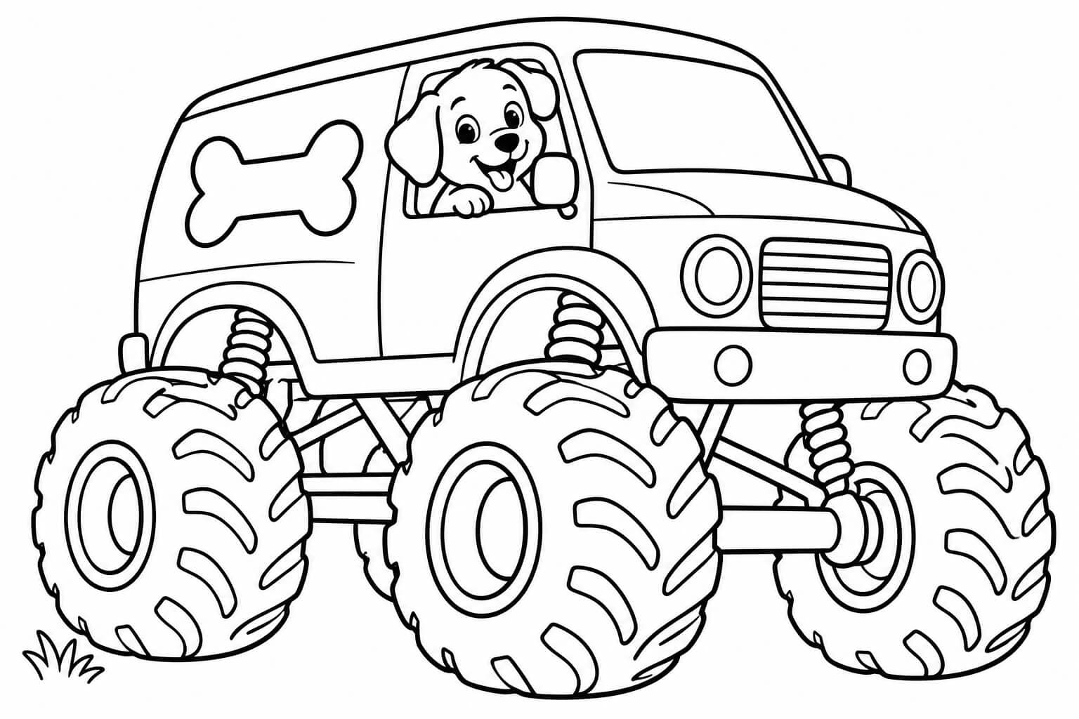 Hund am Steuer des Monstertrucks – Ausmalbild in Schwarz-Weiß