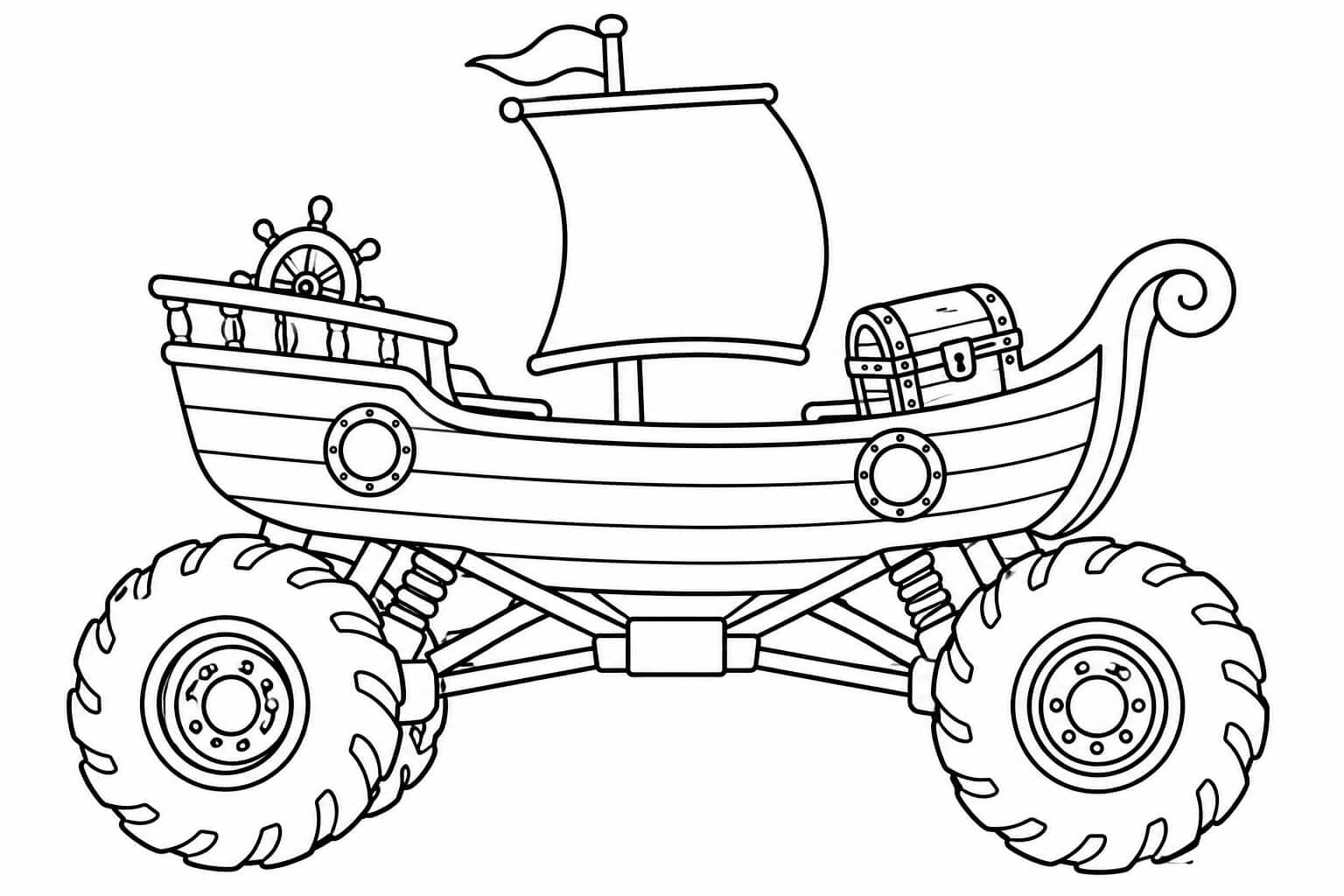 Monstertruck beim Piratenabenteuer – Ausmalbild in Schwarz-Weiß