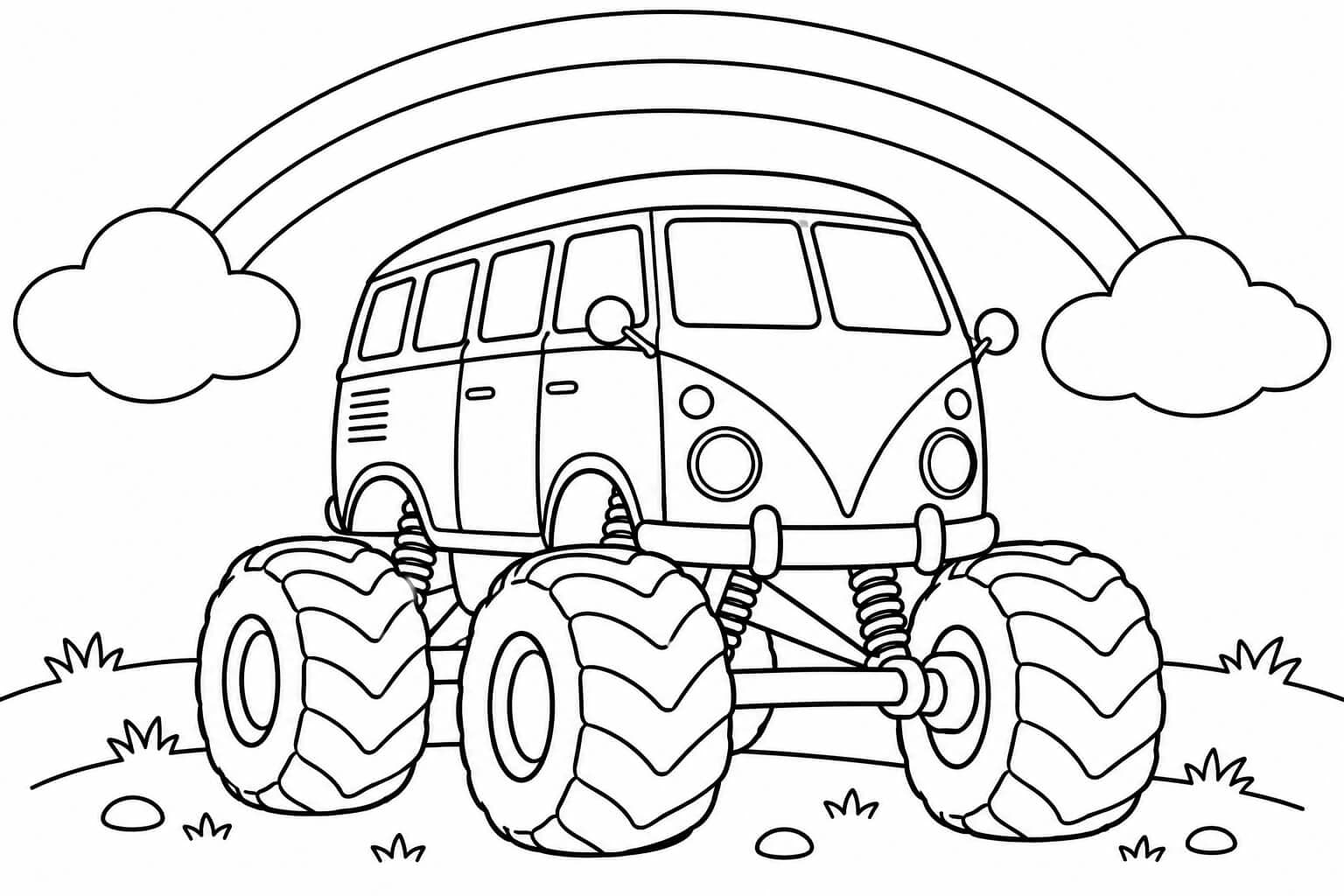 Monstertruck unter dem Regenbogen – Ausmalbild in Schwarz-Weiß