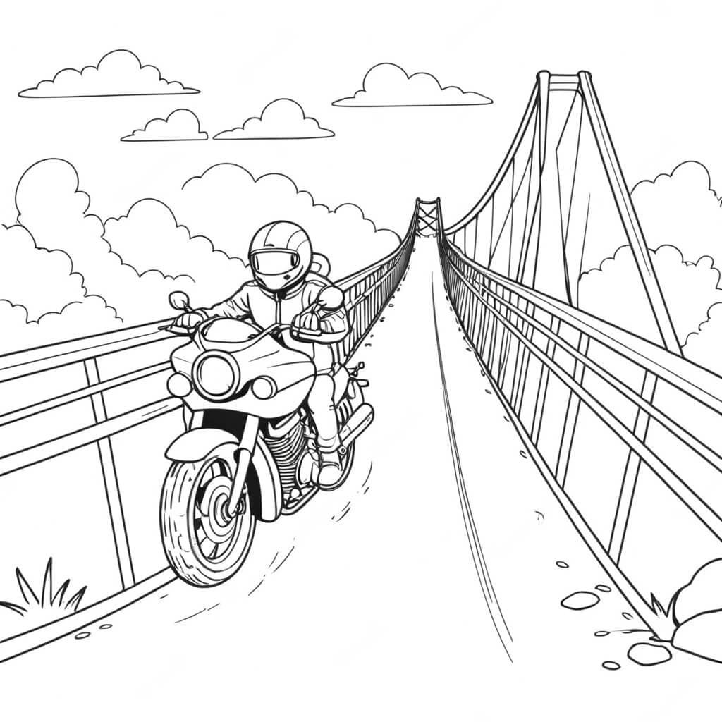 Motorrad auf Brücke Ausmalbild