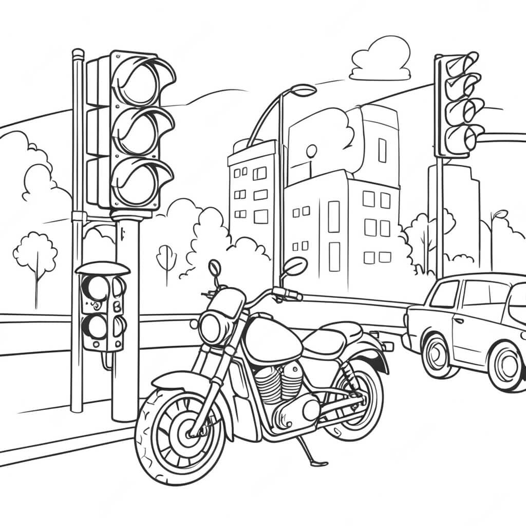 Motorrad in der Stadt Ausmalbild