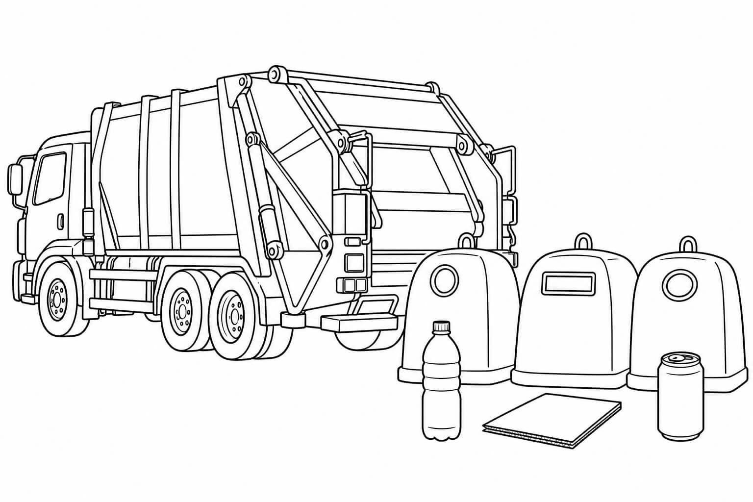 Müllauto auf dem Recyclinghof – Ausmalbild in Schwarz-Weiß
