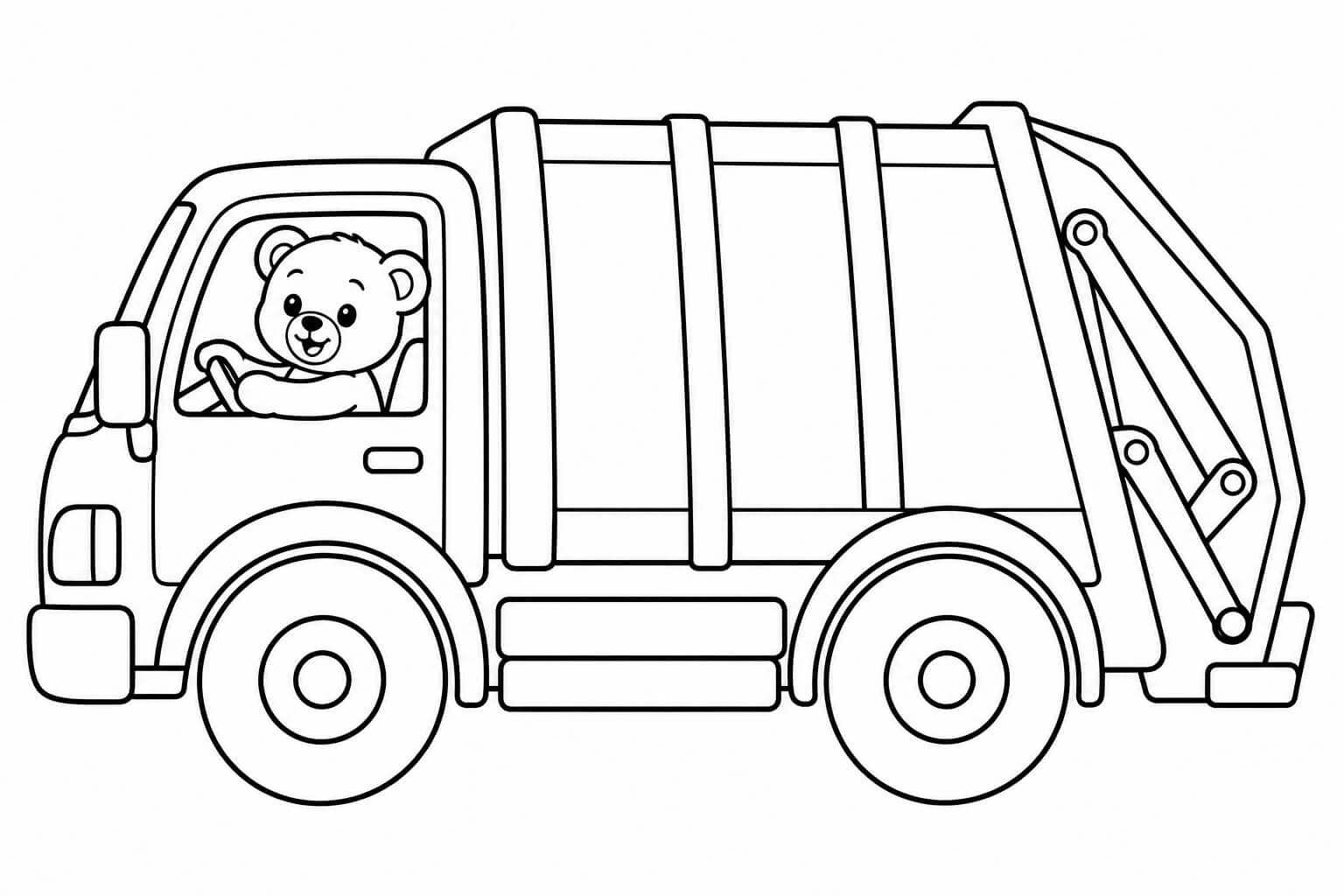 Teddy fährt im Müllauto – Ausmalbild in Schwarz-Weiß