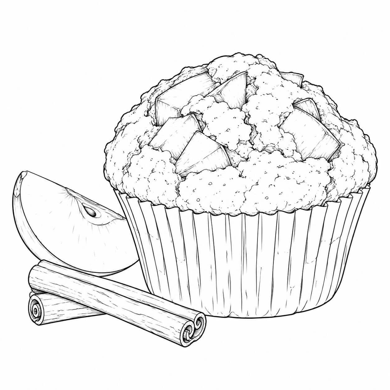 Realistischer Apfel-Zimt-Muffin – realistische Malvorlage in Schwarz-Weiß