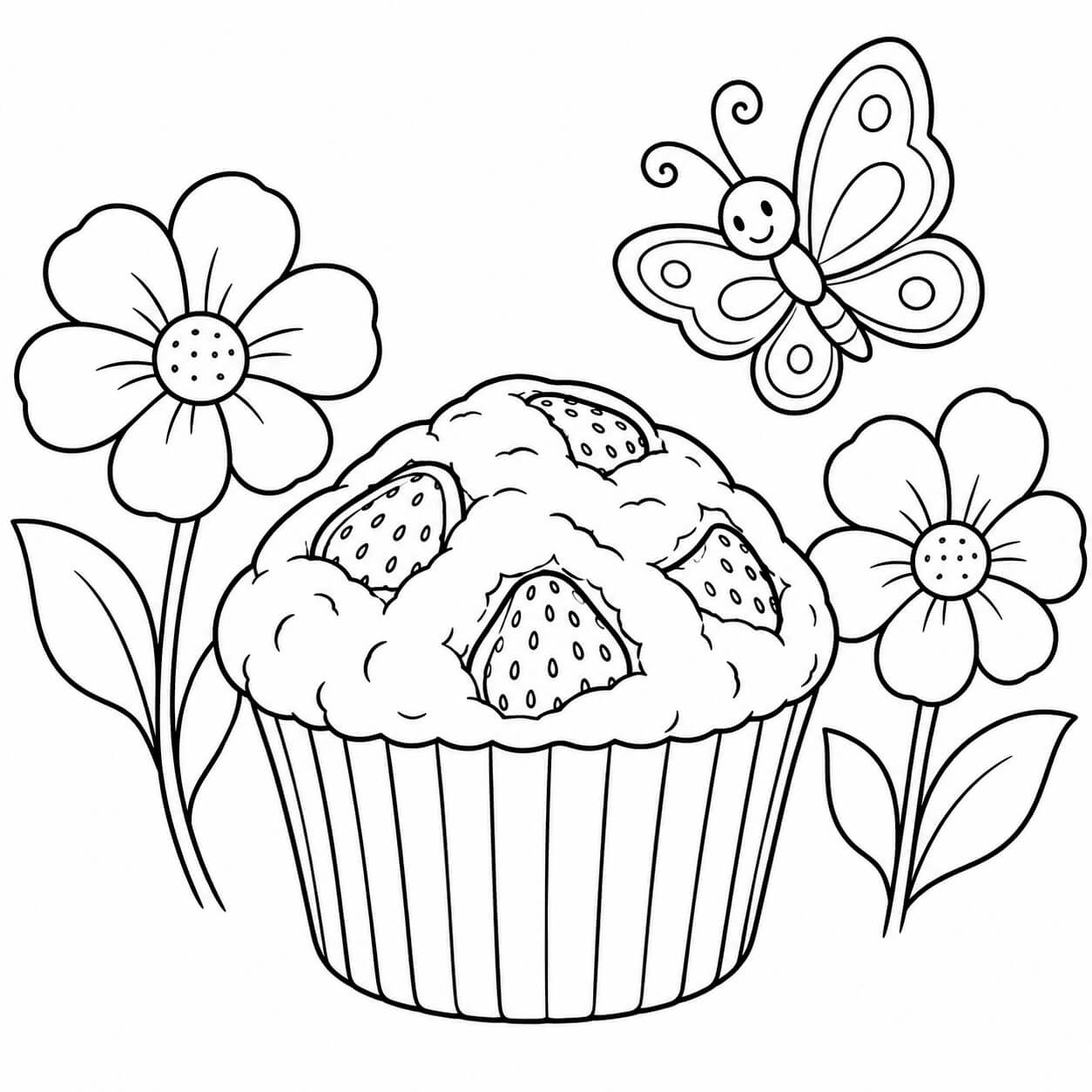 Erdbeermuffin im Garten – einfache Malvorlage für Kinder in Schwarz-Weiß