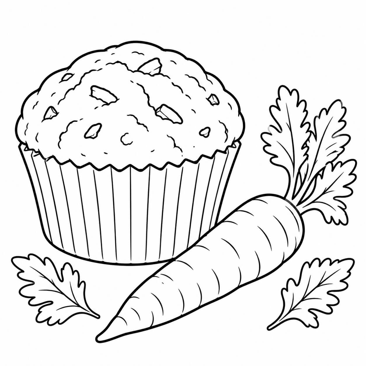 Karottenmuffin mit Karotte – einfache Malvorlage für Kinder in Schwarz-Weiß