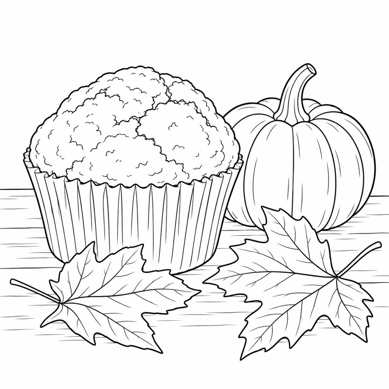 Kürbismuffin im Herbst – Malvorlage in Schwarz-Weiß