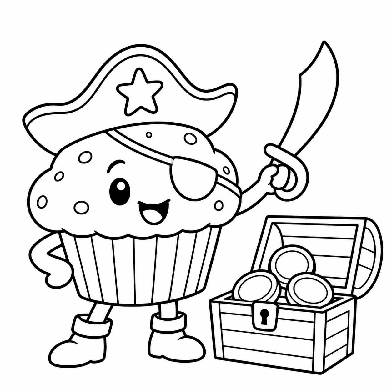 Muffin als Pirat – einfache Malvorlage für Kinder in Schwarz-Weiß