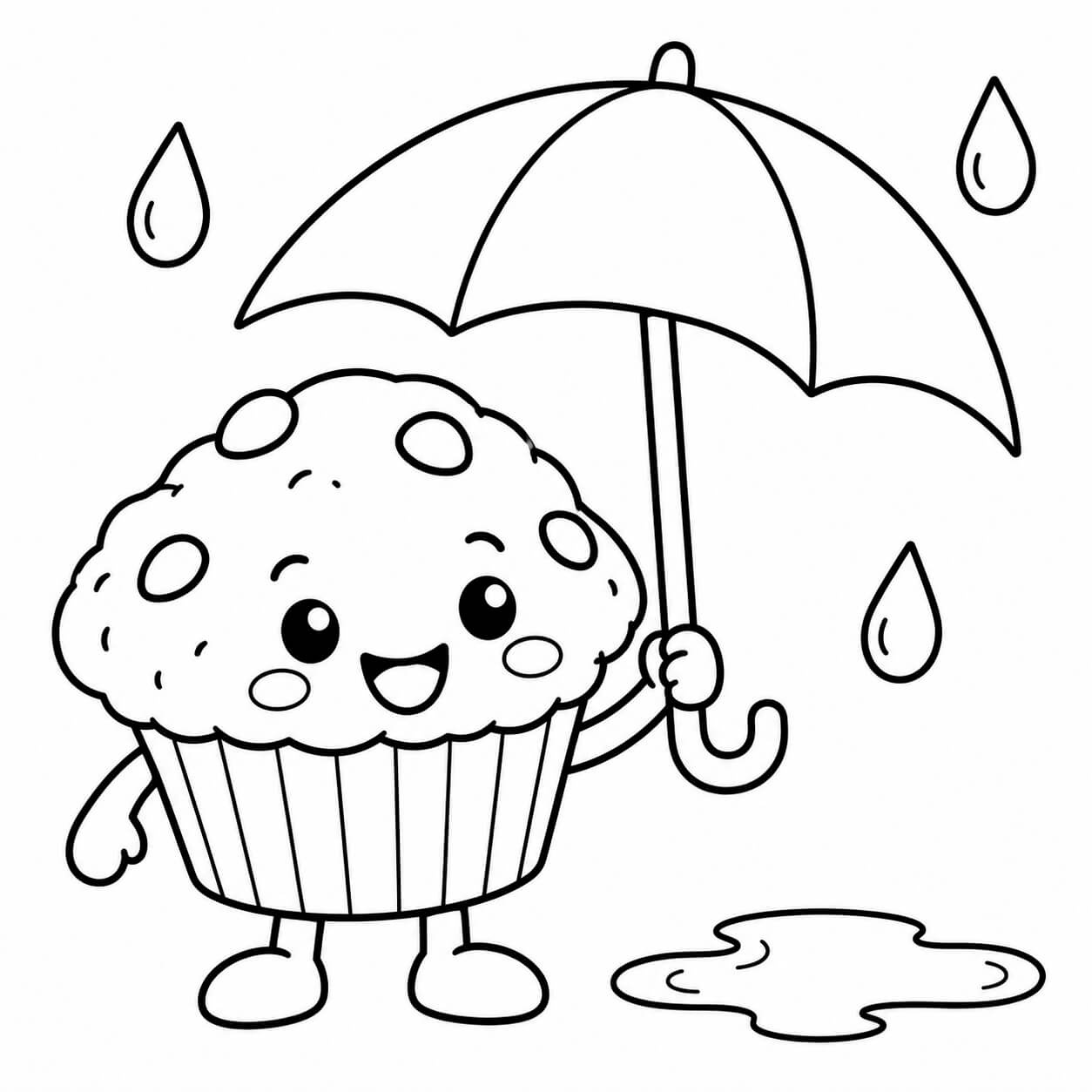 Muffin unter dem Regenschirm – einfache Malvorlage für Kinder in Schwarz-Weiß