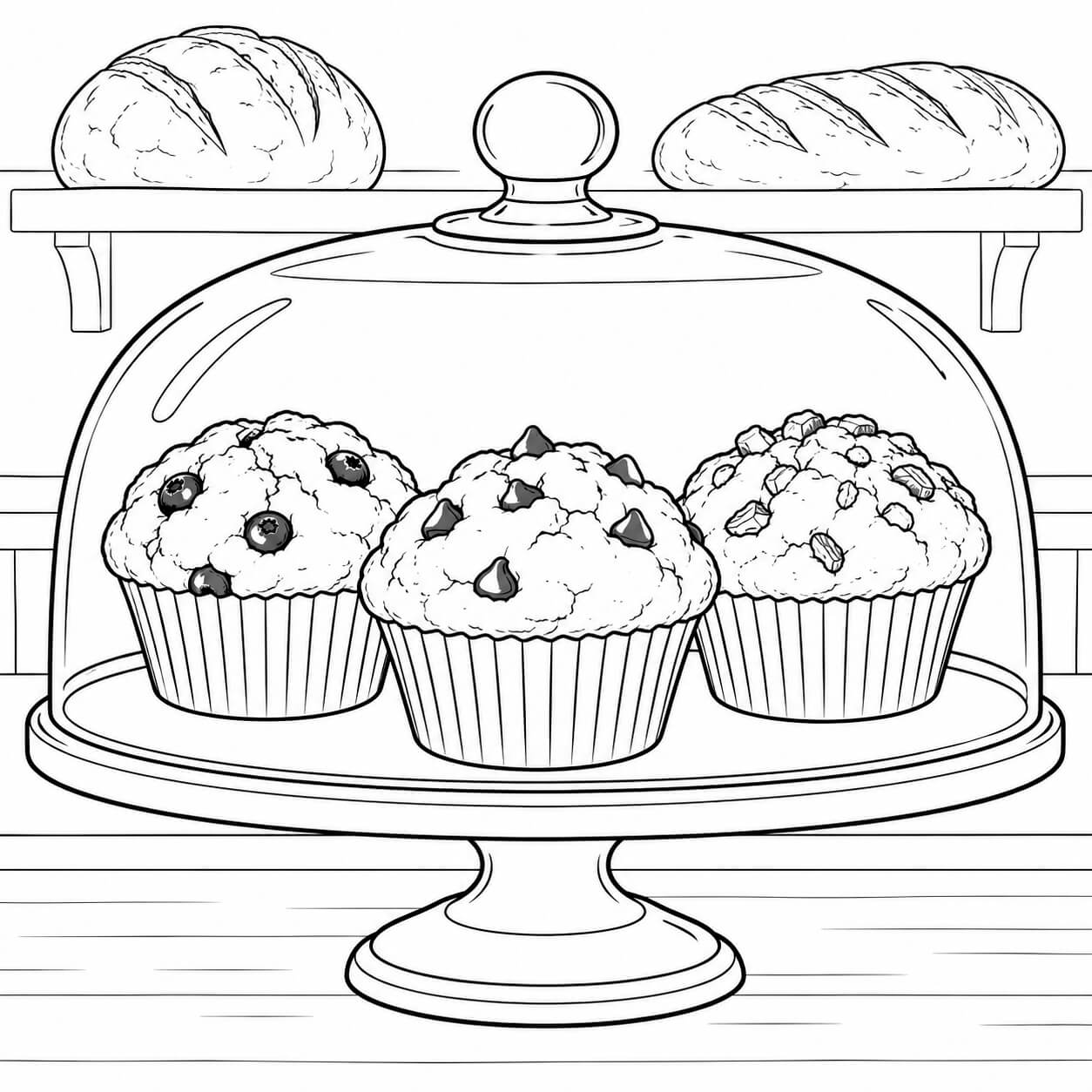 Muffins in der Bäckerei – Malvorlage in Schwarz-Weiß