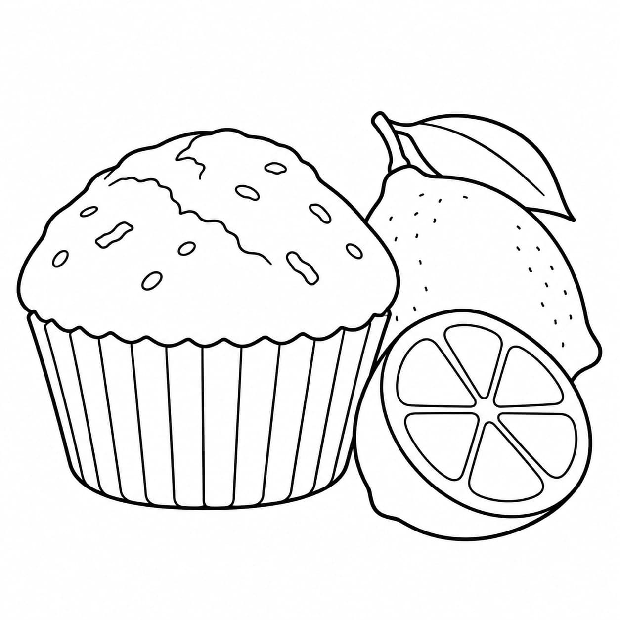 Zitronenmuffin mit Zitrone – einfache Malvorlage für Kinder in Schwarz-Weiß