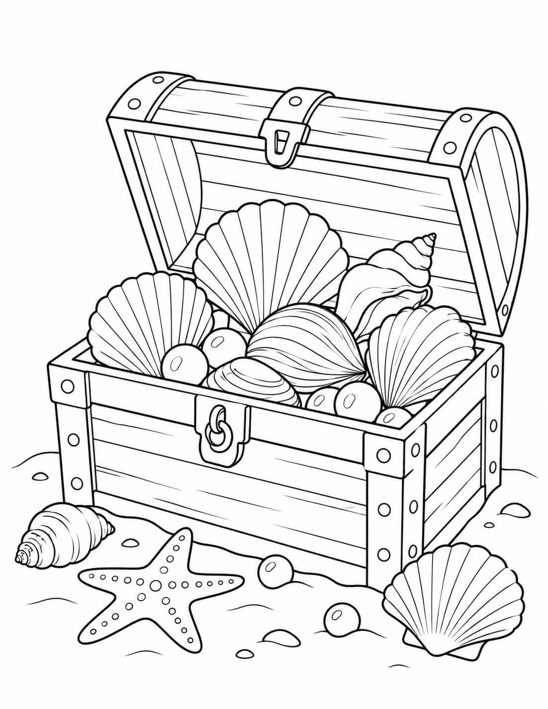 Muscheln in der Schatztruhe Ausmalbild zum Ausdrucken