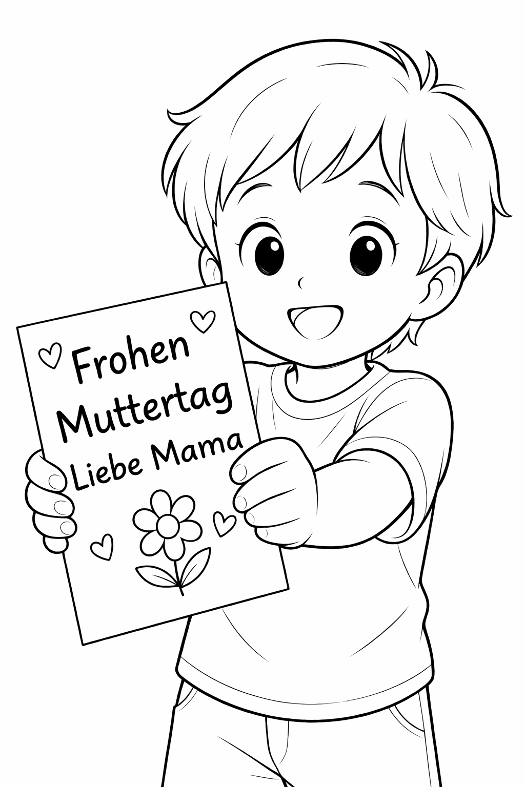 Kind hält Muttertagskarte Ausmalbild