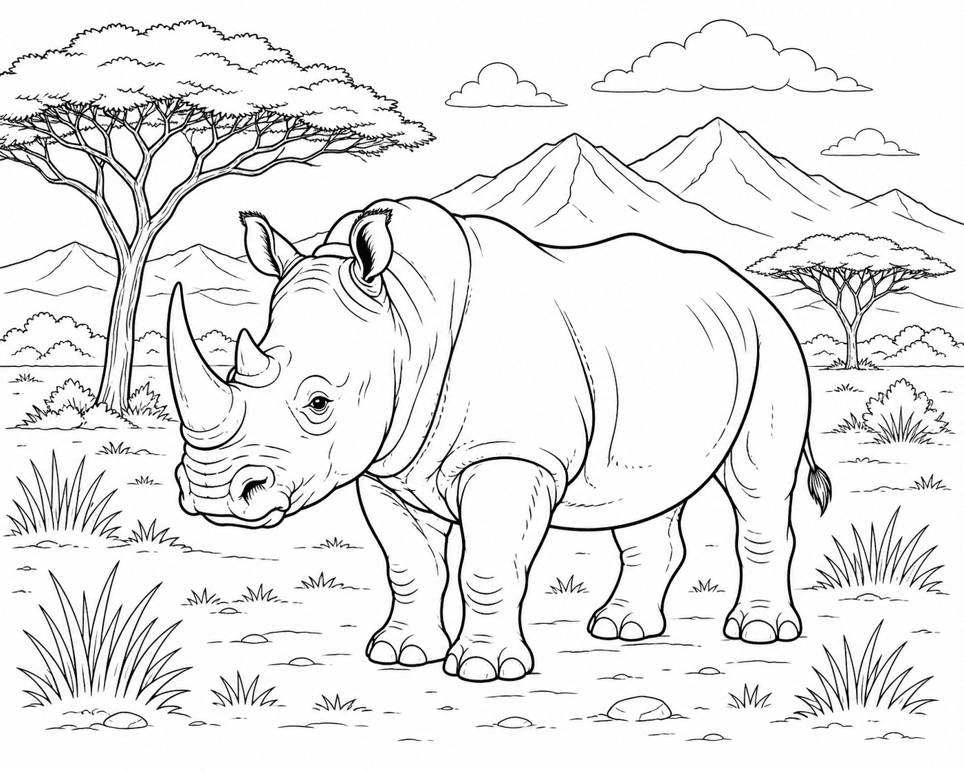 Nashorn in Landschaft Ausmalbild