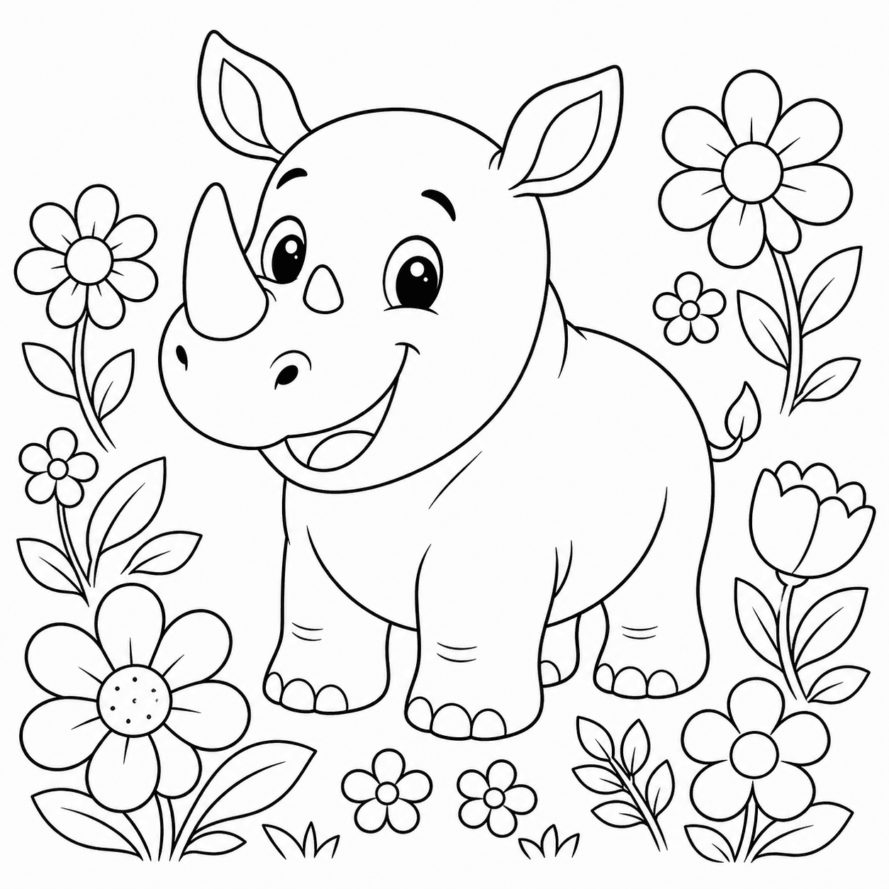 Nashorn mit Blumen Ausmalbild