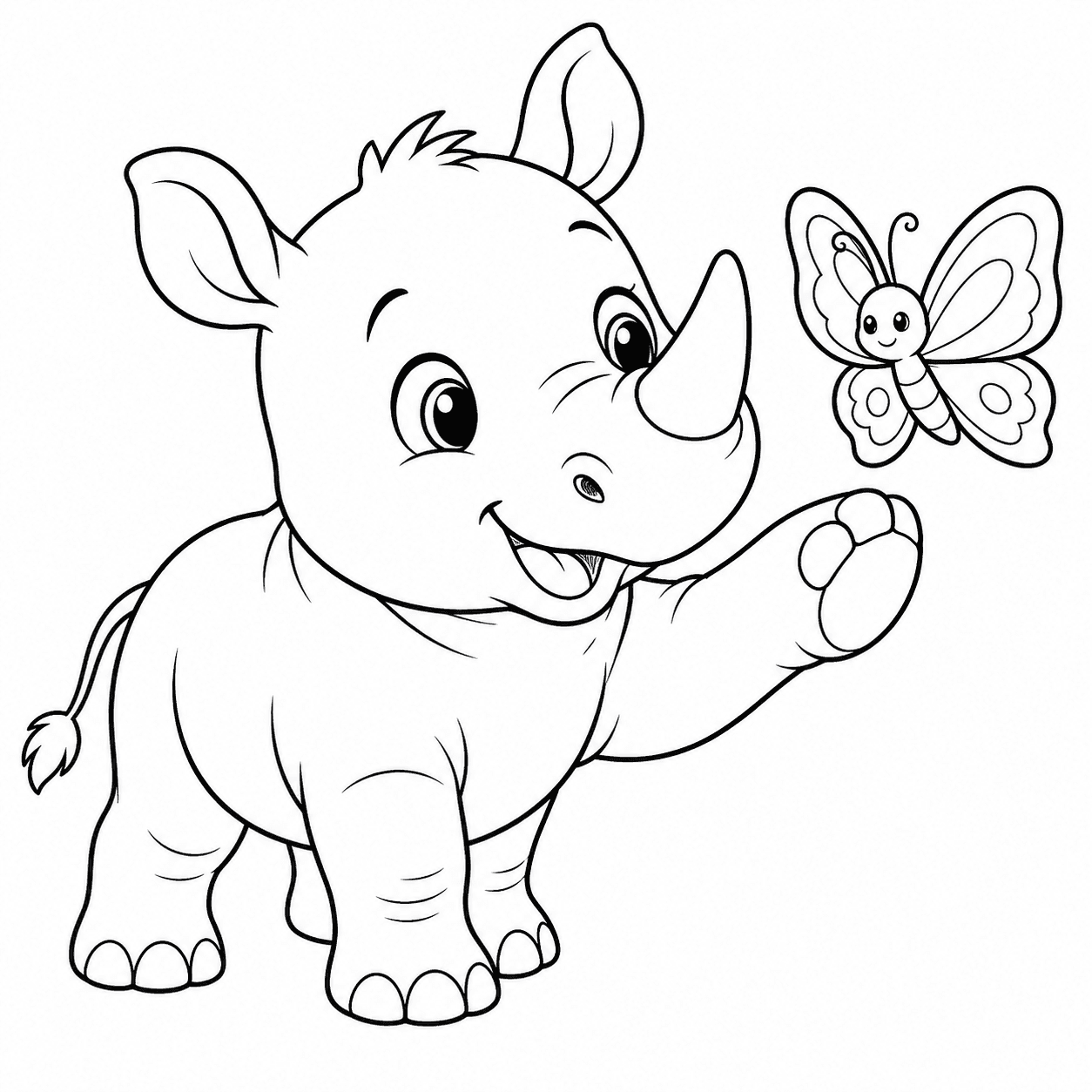 Niedliches Nashorn mit Schmetterling Ausmalbild