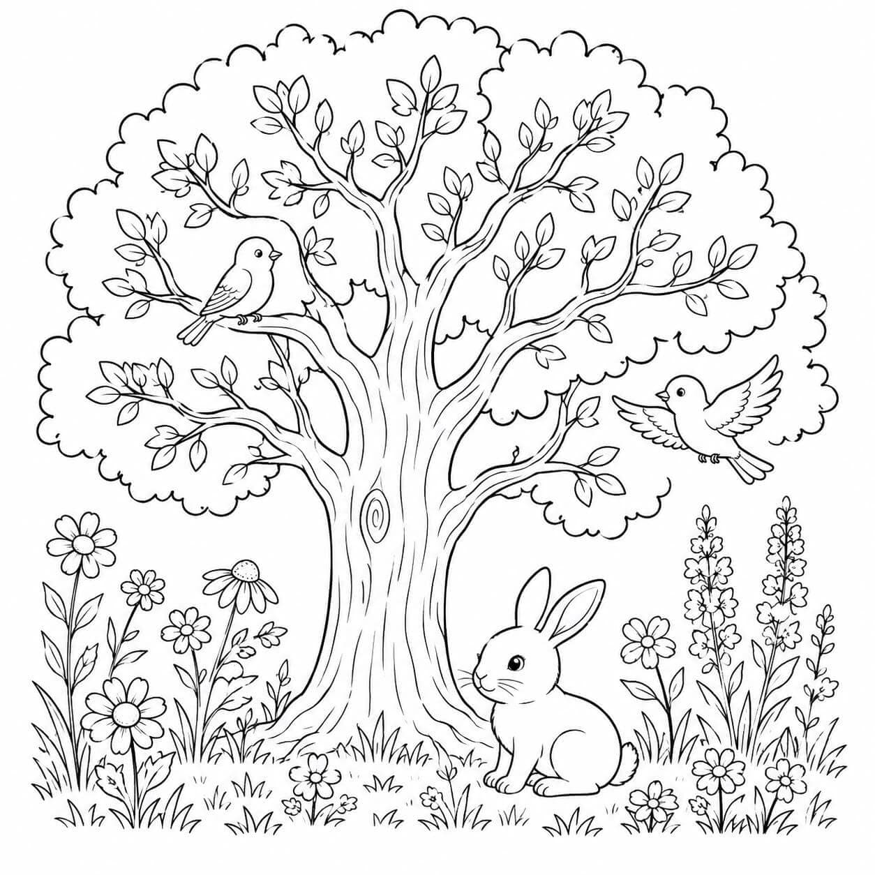Baum und Blumen Natur Ausmalbild