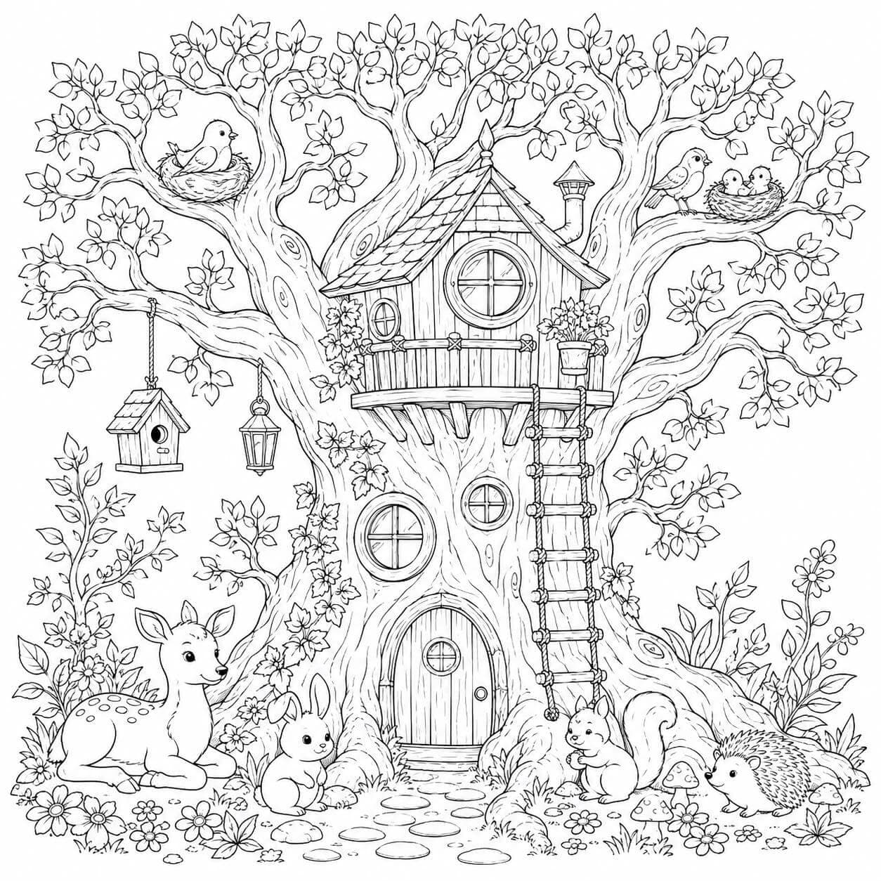Baumhaus im riesigen Baum Ausmalbild