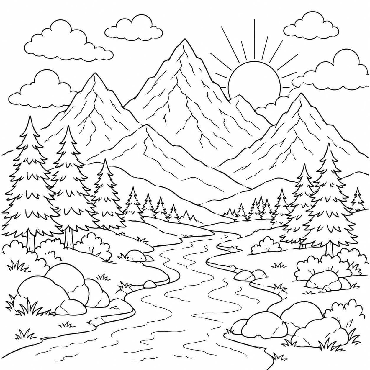 Berglandschaft mit Fluss Ausmalbild
