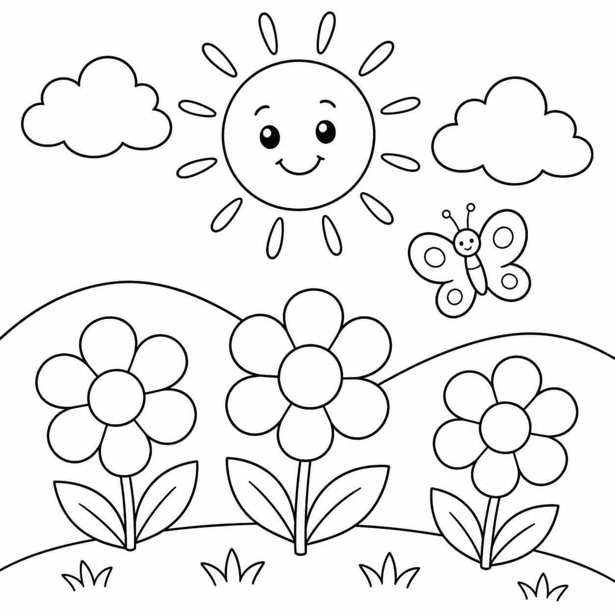 Einfache Natur mit Sonne Ausmalbild