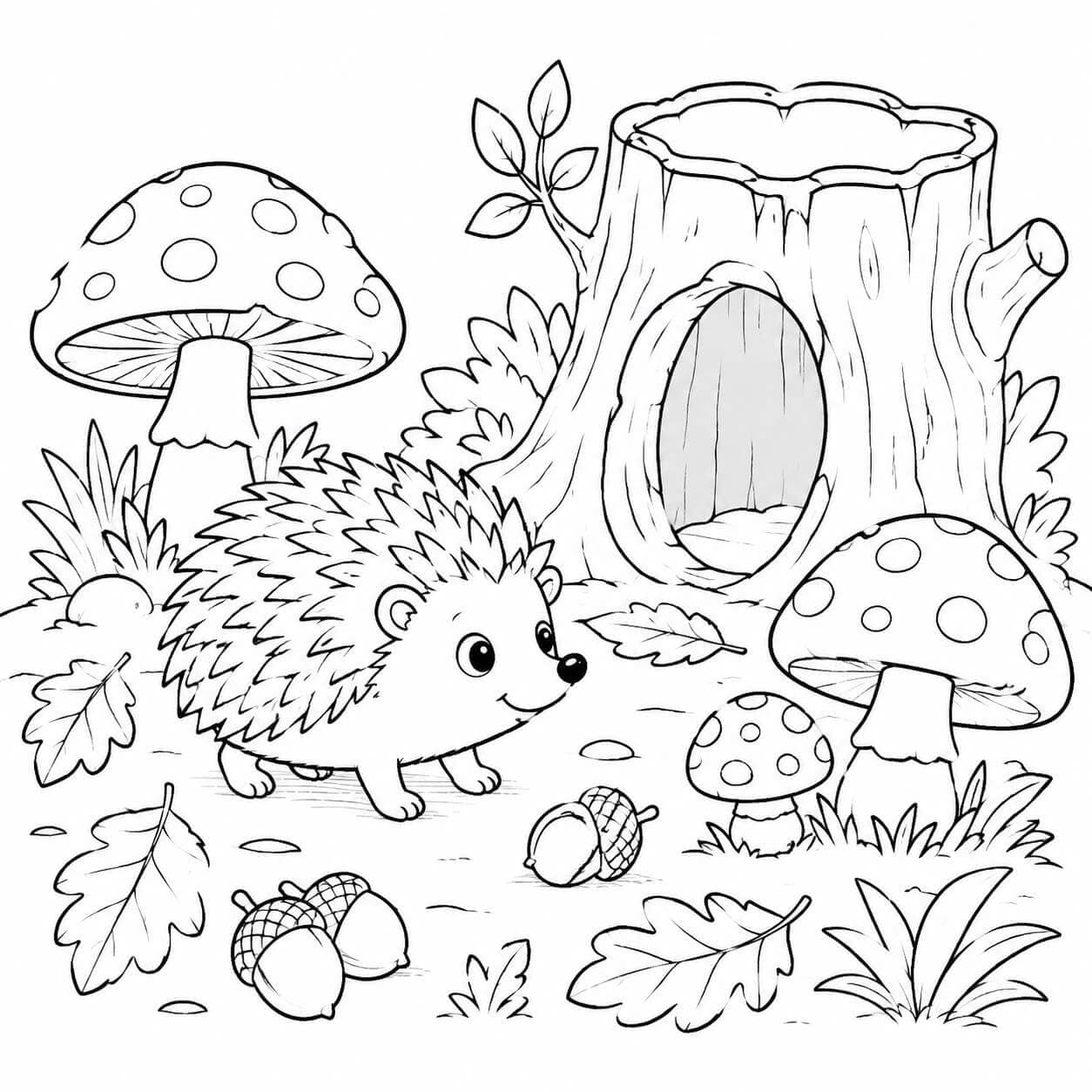Igel und Pilze im Wald Ausmalbild