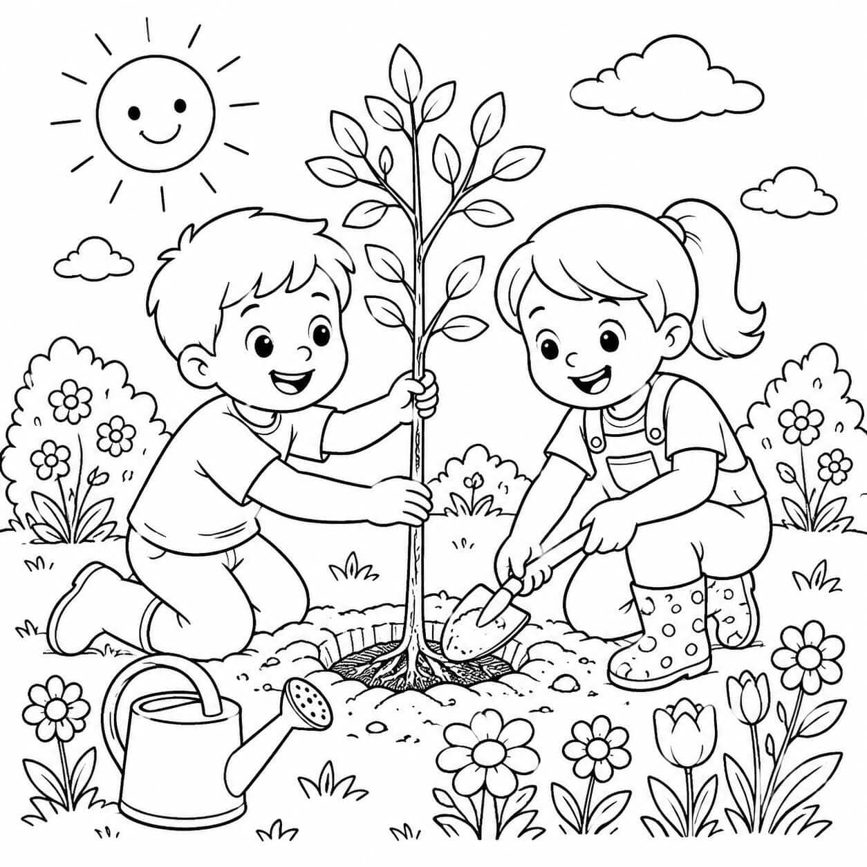 Kinder pflanzen Baum Ausmalbild