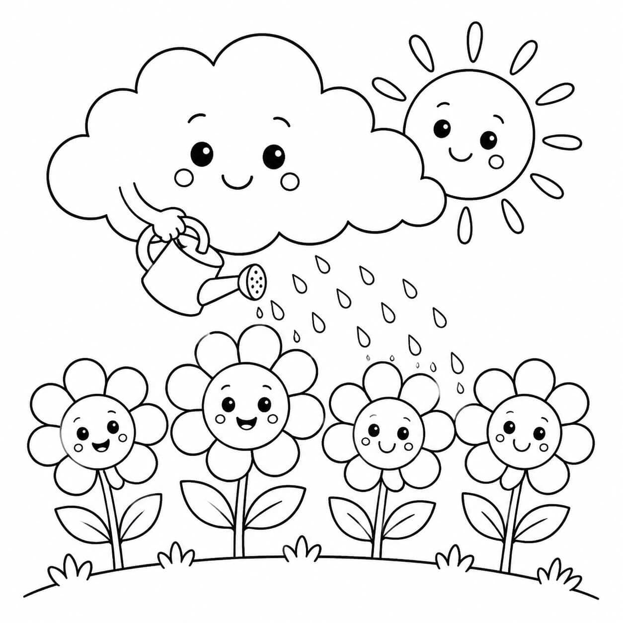 Kleine Wolke gießt Blumen Ausmalbild