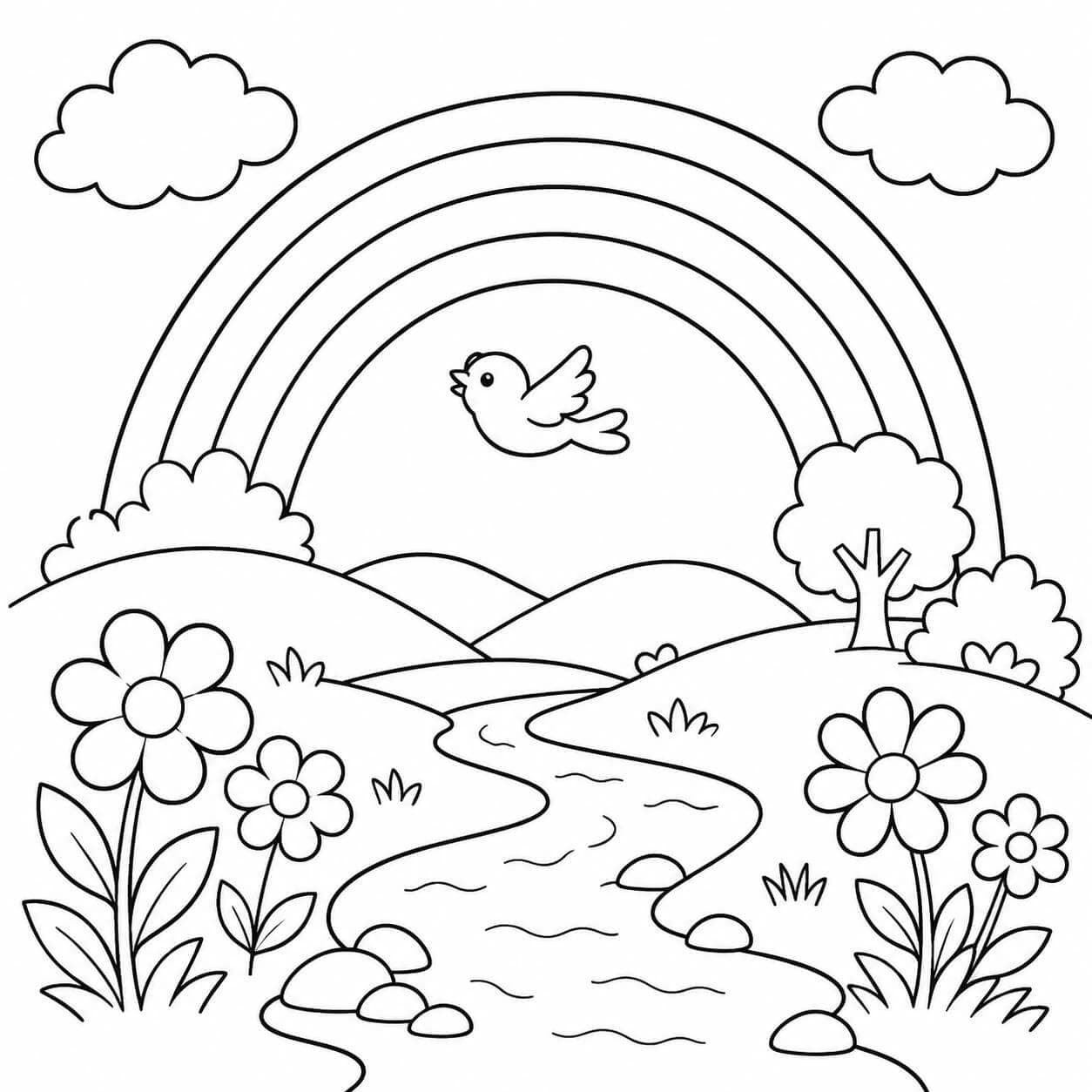 Regenbogen über Landschaft Natur Ausmalbild