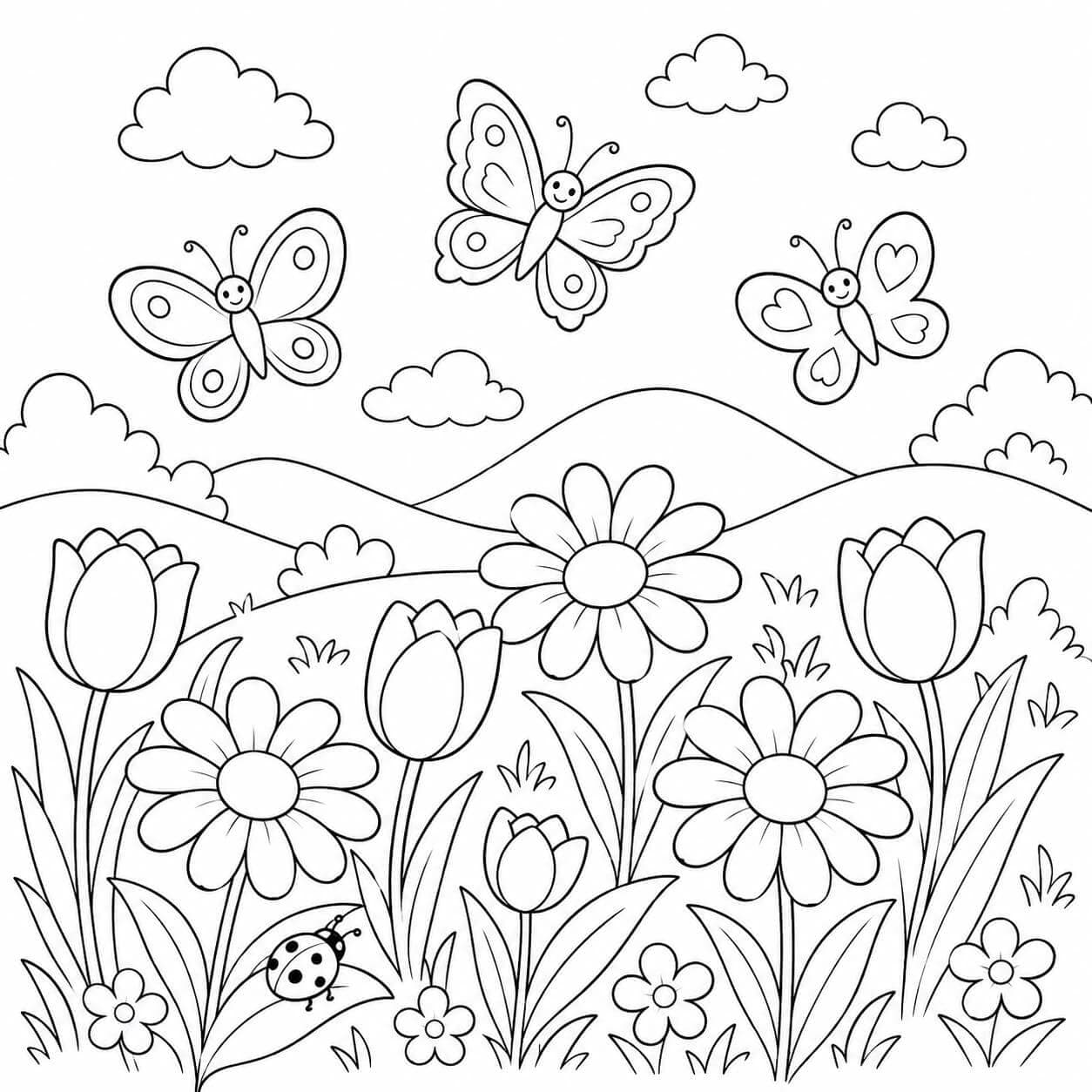 Schmetterlinge auf Blumenwiese Ausmalbild
