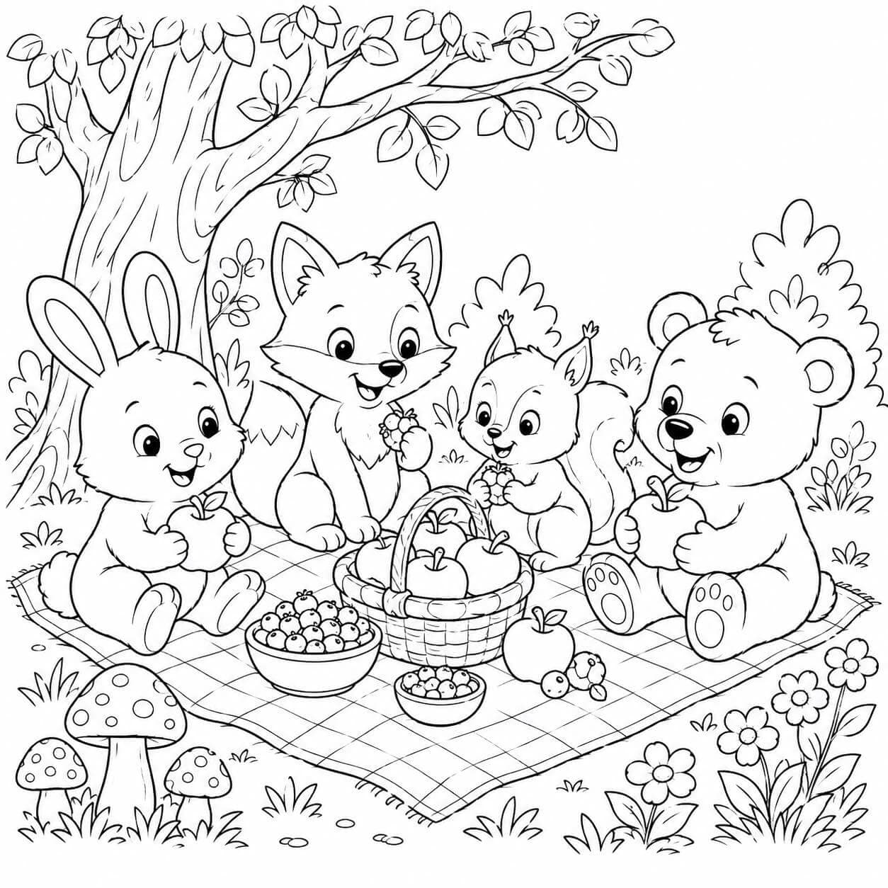 Waldpicknick der Tiere Ausmalbild