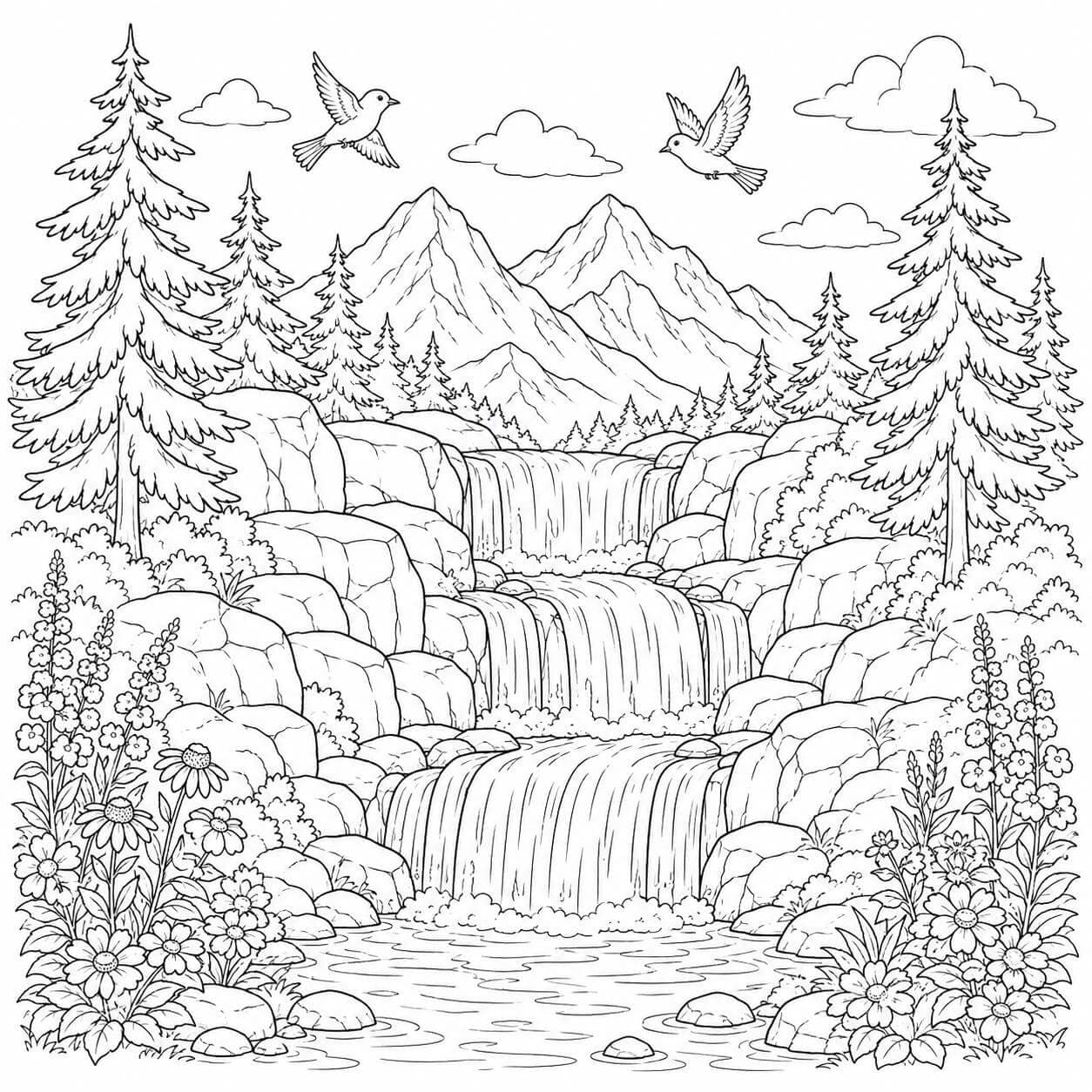Wasserfall in den Bergen Ausmalbild