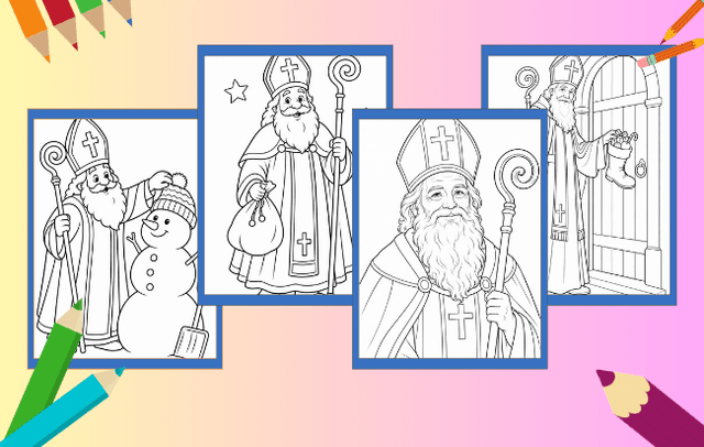 Nikolaus Ausmalbilder mit Mitra, Bischofsstab und abwechslungsreichen Nikolausmotiven