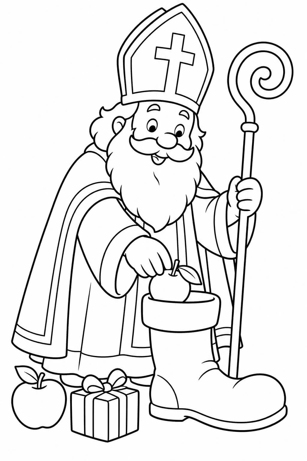 Nikolaus füllt einen Stiefel – Nikolaus Ausmalbild