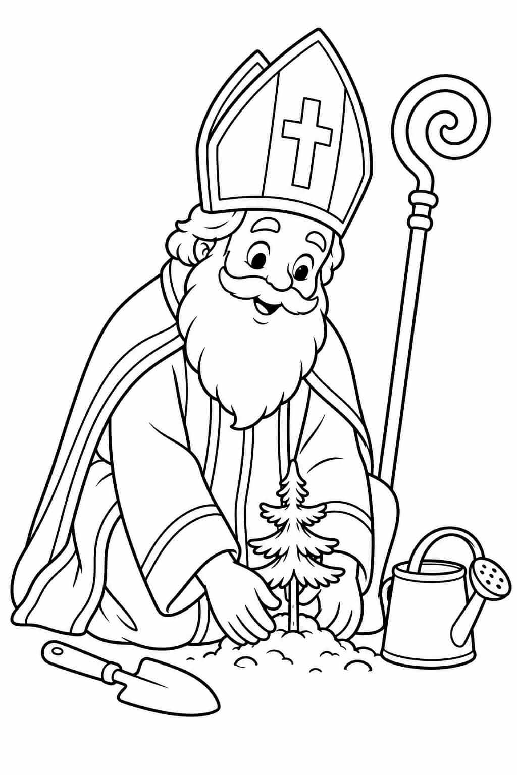 Nikolaus pflanzt einen Tannenbaum – Nikolaus Ausmalbild