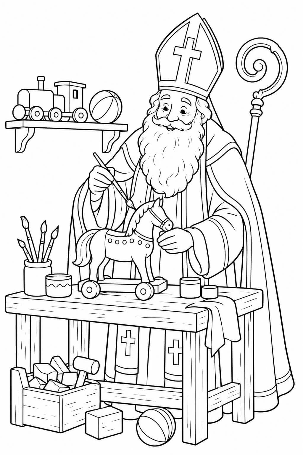 Nikolaus in der Spielzeugwerkstatt – Nikolaus Ausmalbild