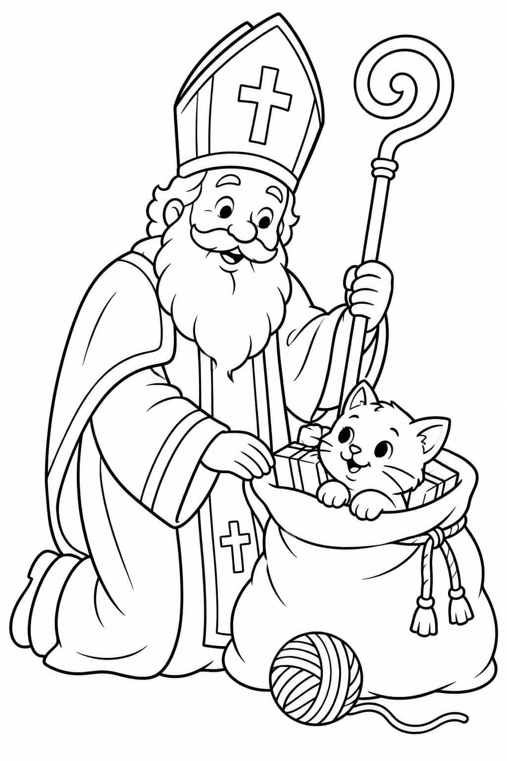 Nikolaus und die neugierige Katze – Nikolaus Ausmalbild