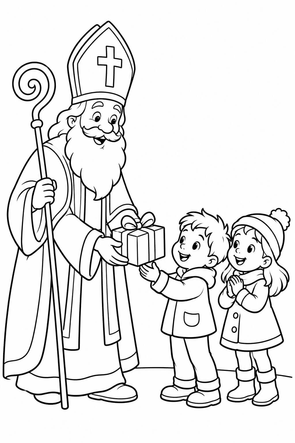 Nikolaus beschenkt zwei Kinder – Nikolaus Ausmalbild