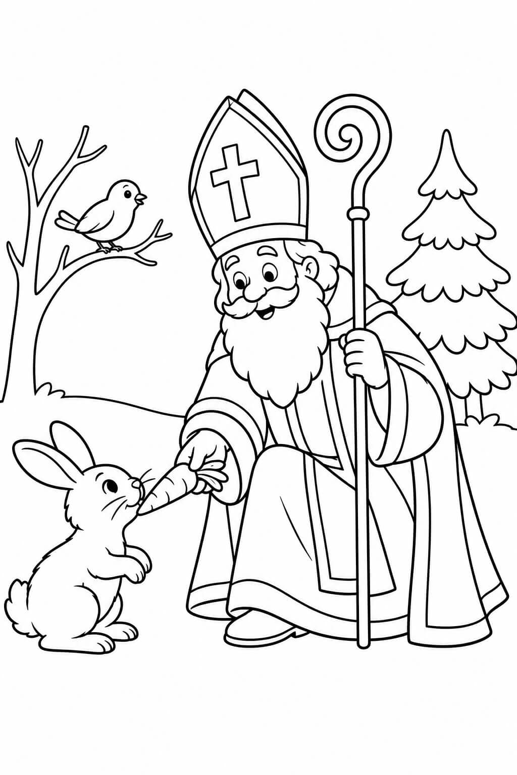 Nikolaus füttert die Waldtiere – Nikolaus Ausmalbild