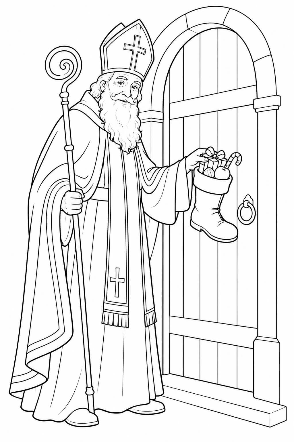 Realistischer Nikolaus an der Haustür – Nikolaus Ausmalbild