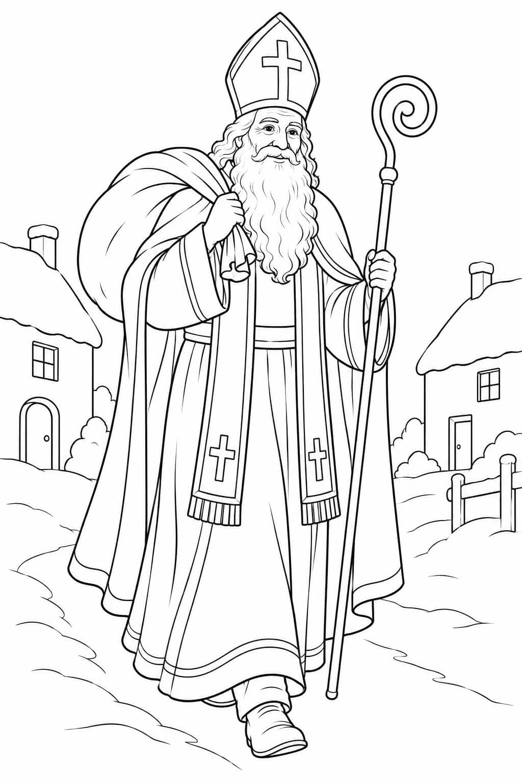 Realistischer Nikolaus im Winterdorf – Nikolaus Ausmalbild