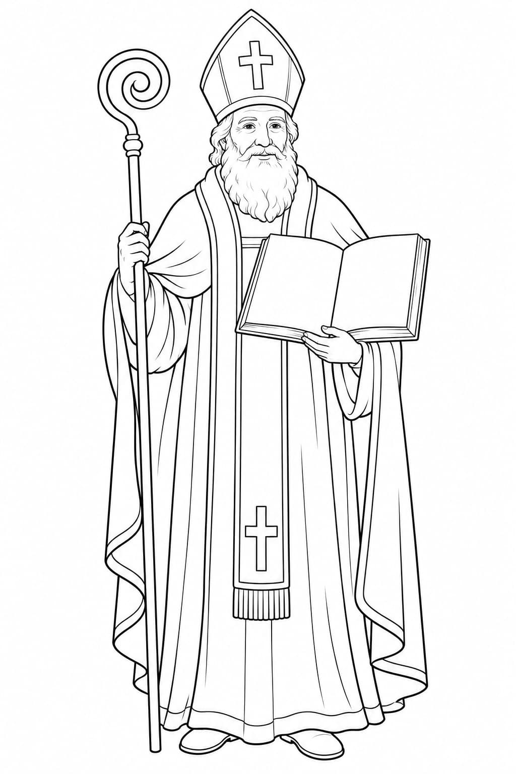 Realistischer Nikolaus mit goldenem Buch – Nikolaus Ausmalbild