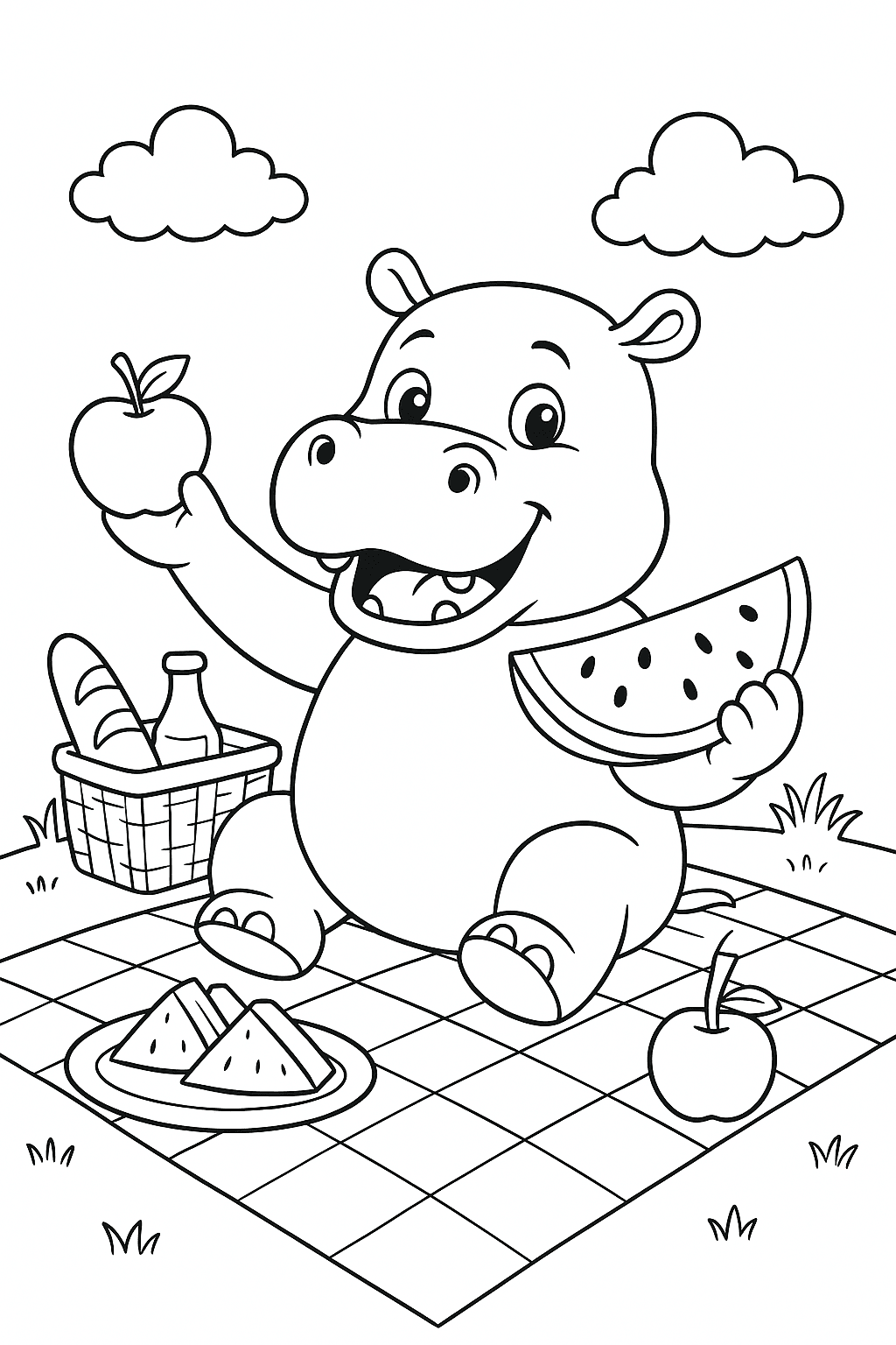 Nilpferd beim Picknick Ausmalbild