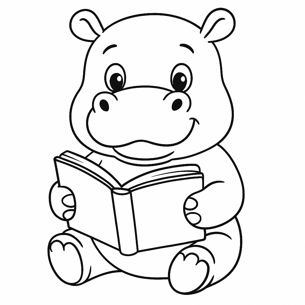 Nilpferd liest Buch Ausmalbild
