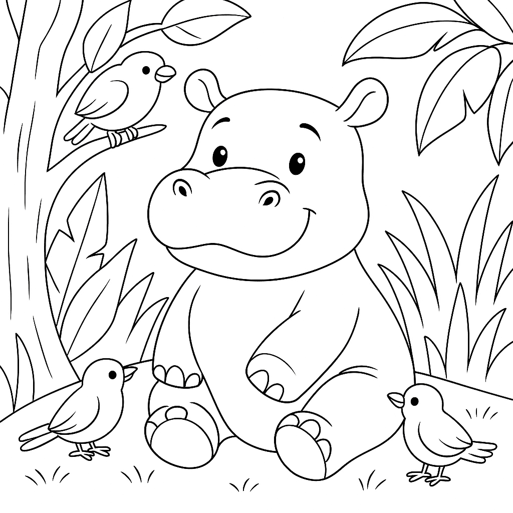 Nilpferd mit Vögeln Ausmalbild