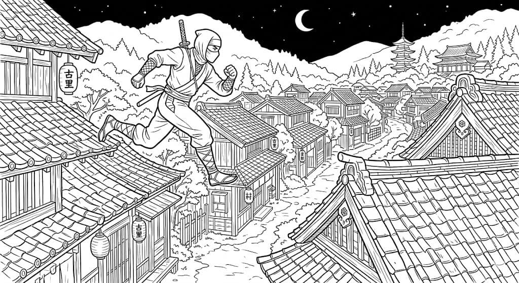 Ninja auf Dächern Ausmalbild