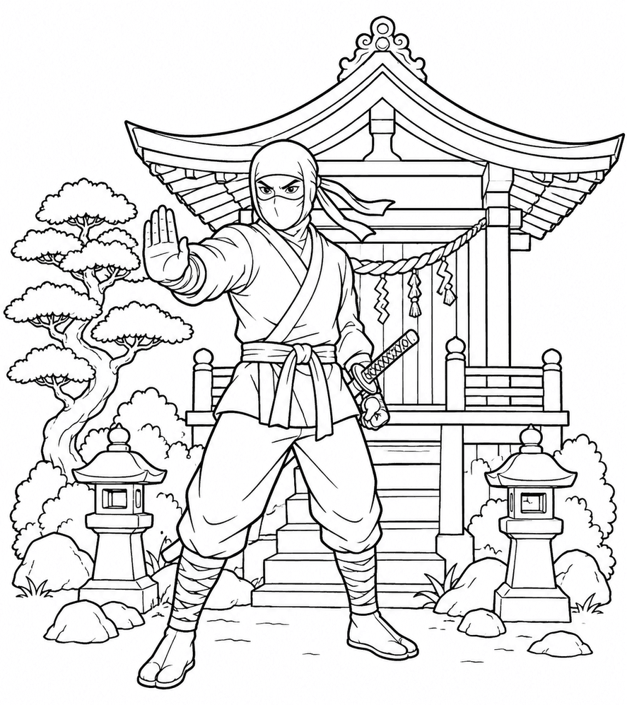 Ninja bei japanischem Tempel Ausmalbild